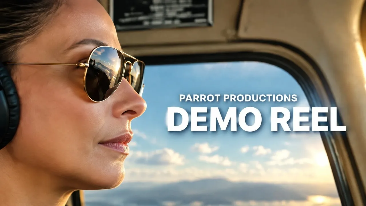 Parrot Productions demo reel thumbnail: a pilot in aviator sunglasses beside the title Demo Reel
